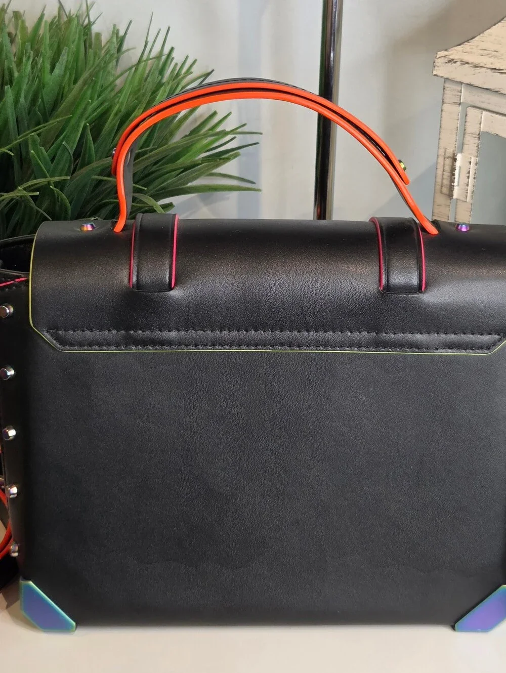 Michael Kors Manhattan Medium Black Leather Satchel Neon Oil Slick